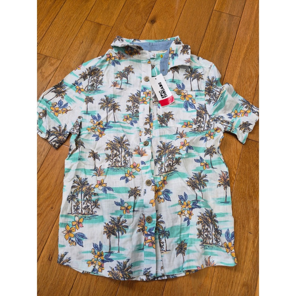 Epic Threads Boys Tropical Palm Tree Floral Button Down Shirt White Size S NEW